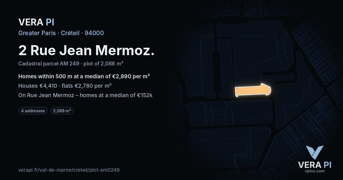 2 Rue Jean Mermoz, Créteil at night – the plot lit, the parcels around coloured by the prices near them