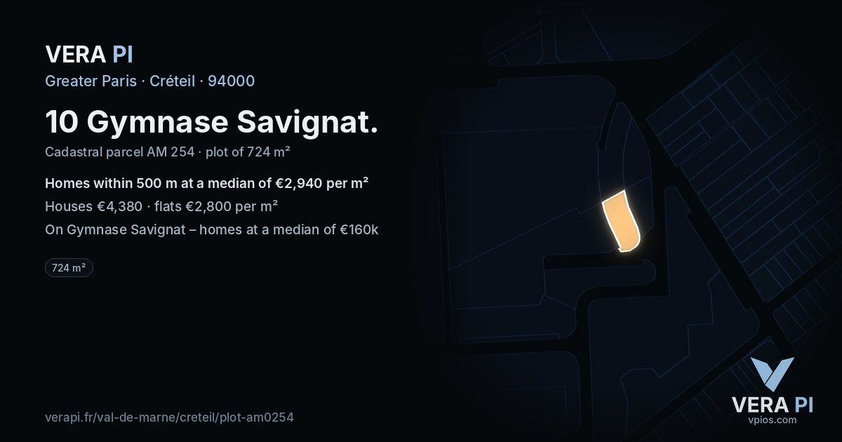 10 Gymnase Savignat, Créteil at night – the plot lit, the parcels around coloured by the prices near them