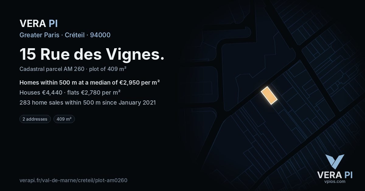 15 Rue des Vignes, Créteil at night – the plot lit, the parcels around coloured by the prices near them