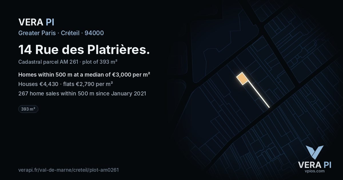 14 Rue des Platrières, Créteil at night – the plot lit, the parcels around coloured by the prices near them
