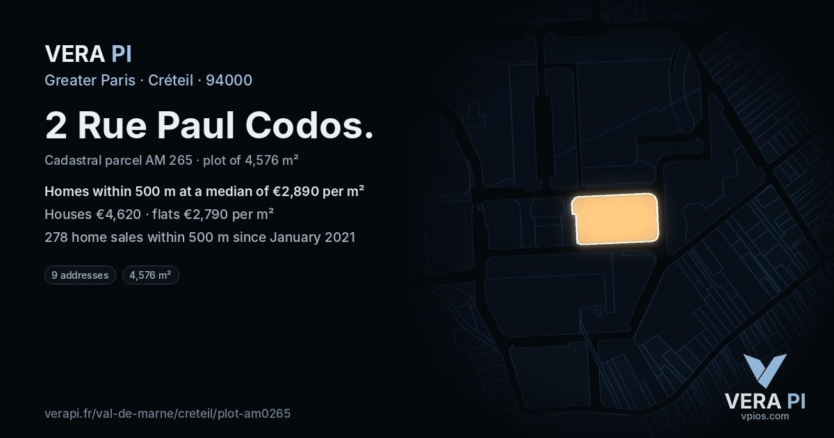 2 Rue Paul Codos, Créteil at night – the plot lit, the parcels around coloured by the prices near them