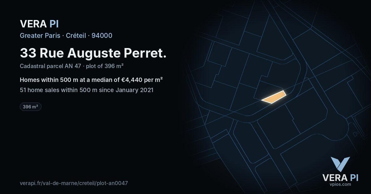 33 Rue Auguste Perret, Créteil at night – the plot lit, the parcels around coloured by the prices near them