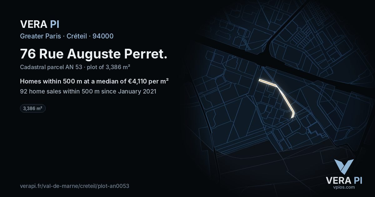 76 Rue Auguste Perret, Créteil at night – the plot lit, the parcels around coloured by the prices near them