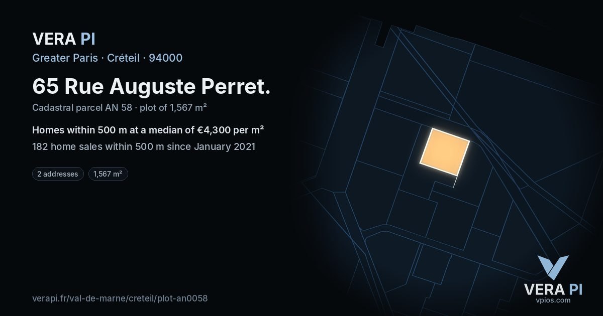 65 Rue Auguste Perret, Créteil at night – the plot lit, the parcels around coloured by the prices near them