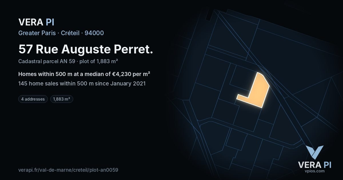 57 Rue Auguste Perret, Créteil at night – the plot lit, the parcels around coloured by the prices near them