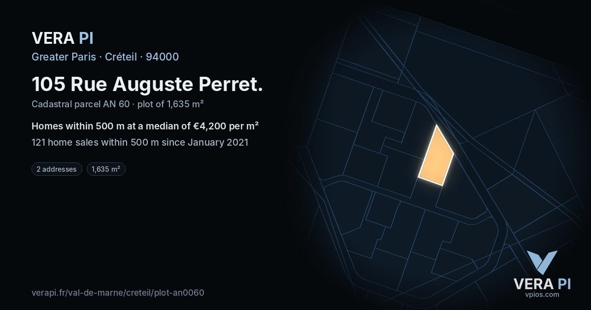 105 Rue Auguste Perret, Créteil at night – the plot lit, the parcels around coloured by the prices near them