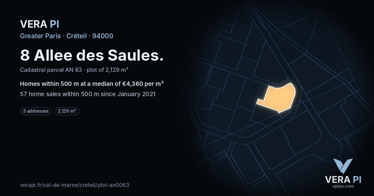 8 Allee des Saules, Créteil at night – the plot lit, the parcels around coloured by the prices near them