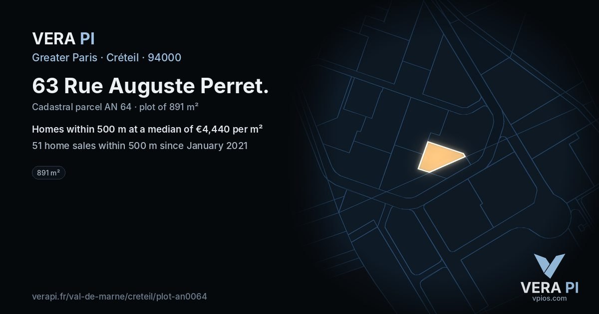 63 Rue Auguste Perret, Créteil at night – the plot lit, the parcels around coloured by the prices near them