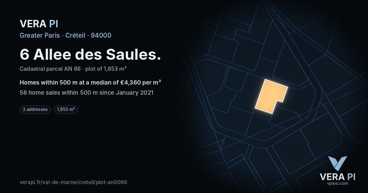 6 Allee des Saules, Créteil at night – the plot lit, the parcels around coloured by the prices near them