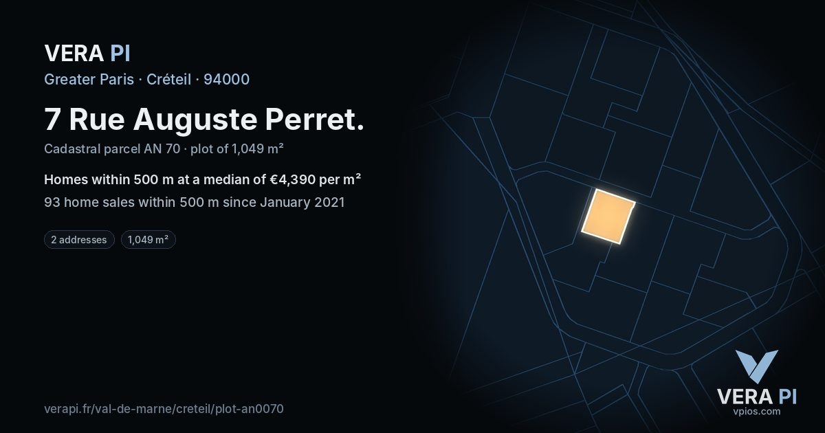 7 Rue Auguste Perret, Créteil at night – the plot lit, the parcels around coloured by the prices near them