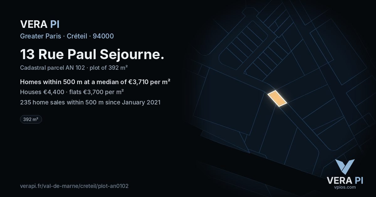 13 Rue Paul Sejourne, Créteil at night – the plot lit, the parcels around coloured by the prices near them