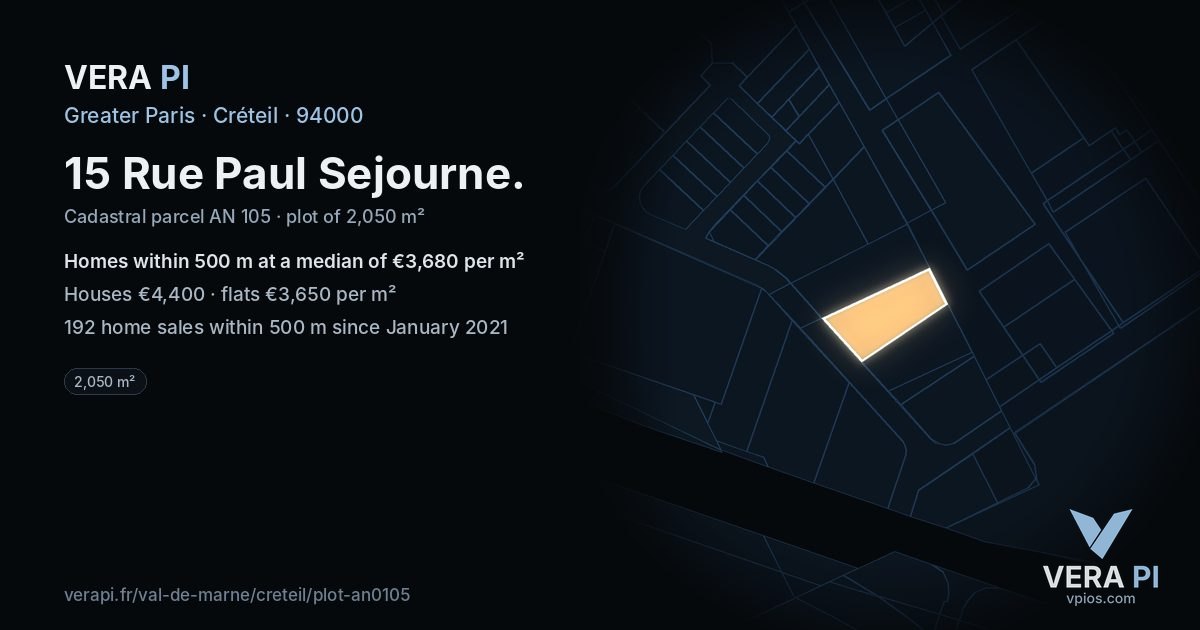 15 Rue Paul Sejourne, Créteil at night – the plot lit, the parcels around coloured by the prices near them