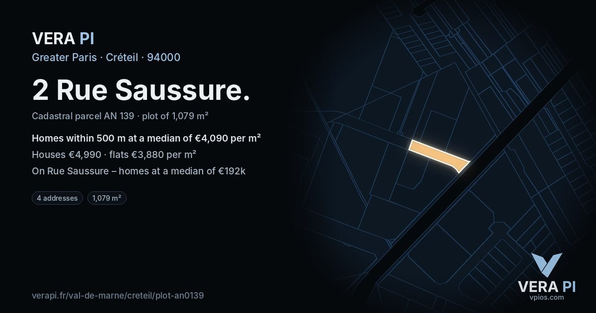 2 Rue Saussure, Créteil at night – the plot lit, the parcels around coloured by the prices near them