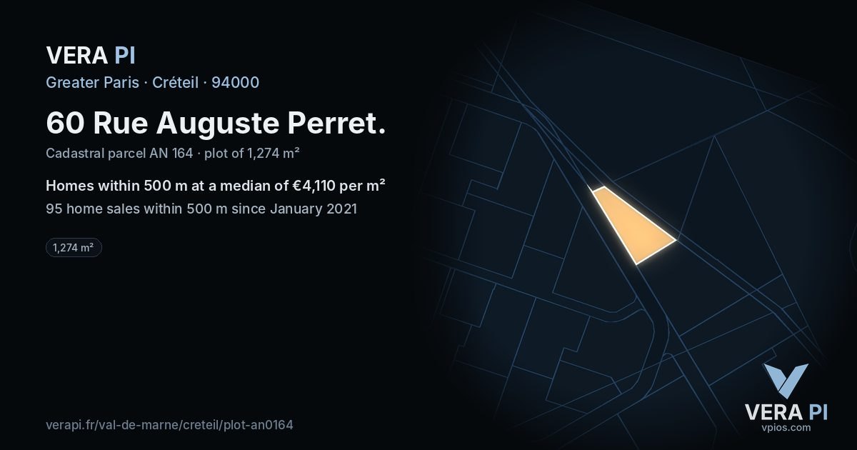 60 Rue Auguste Perret, Créteil at night – the plot lit, the parcels around coloured by the prices near them