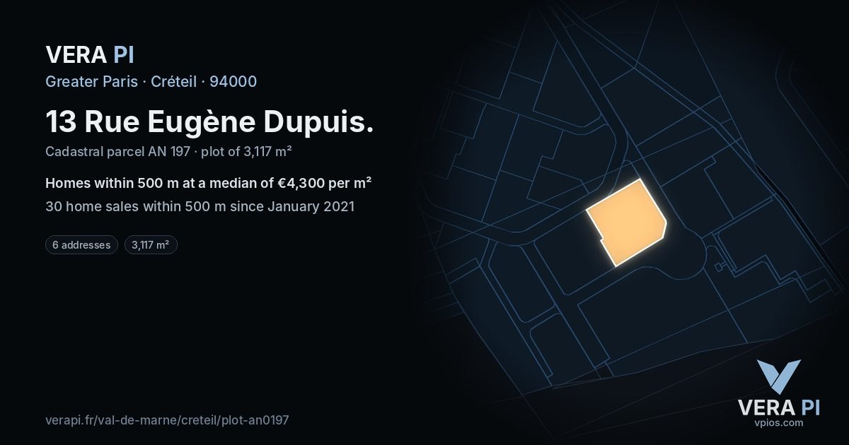 13 Rue Eugène Dupuis, Créteil at night – the plot lit, the parcels around coloured by the prices near them