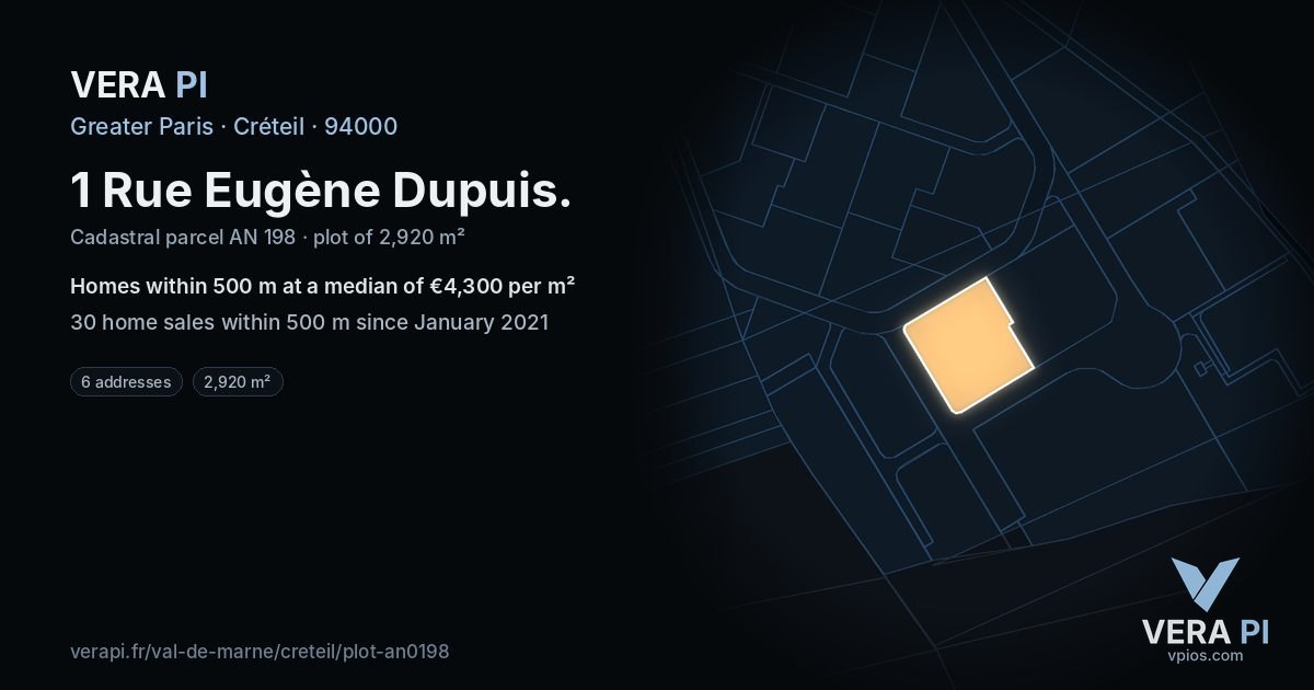 1 Rue Eugène Dupuis, Créteil at night – the plot lit, the parcels around coloured by the prices near them