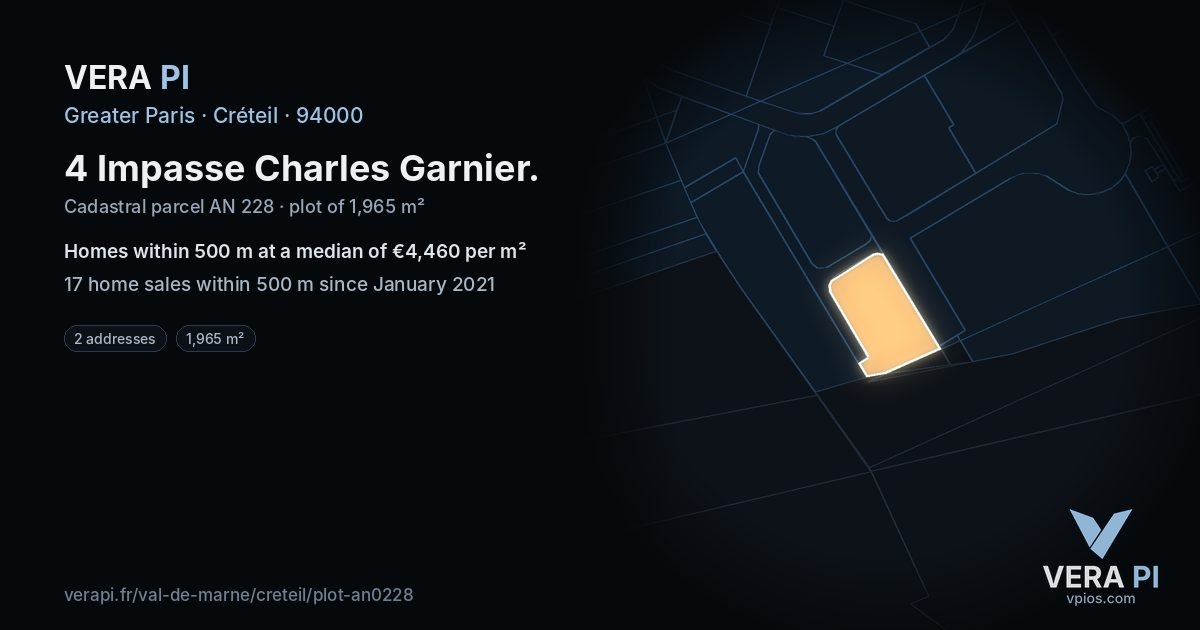 4 Impasse Charles Garnier, Créteil at night – the plot lit, the parcels around coloured by the prices near them