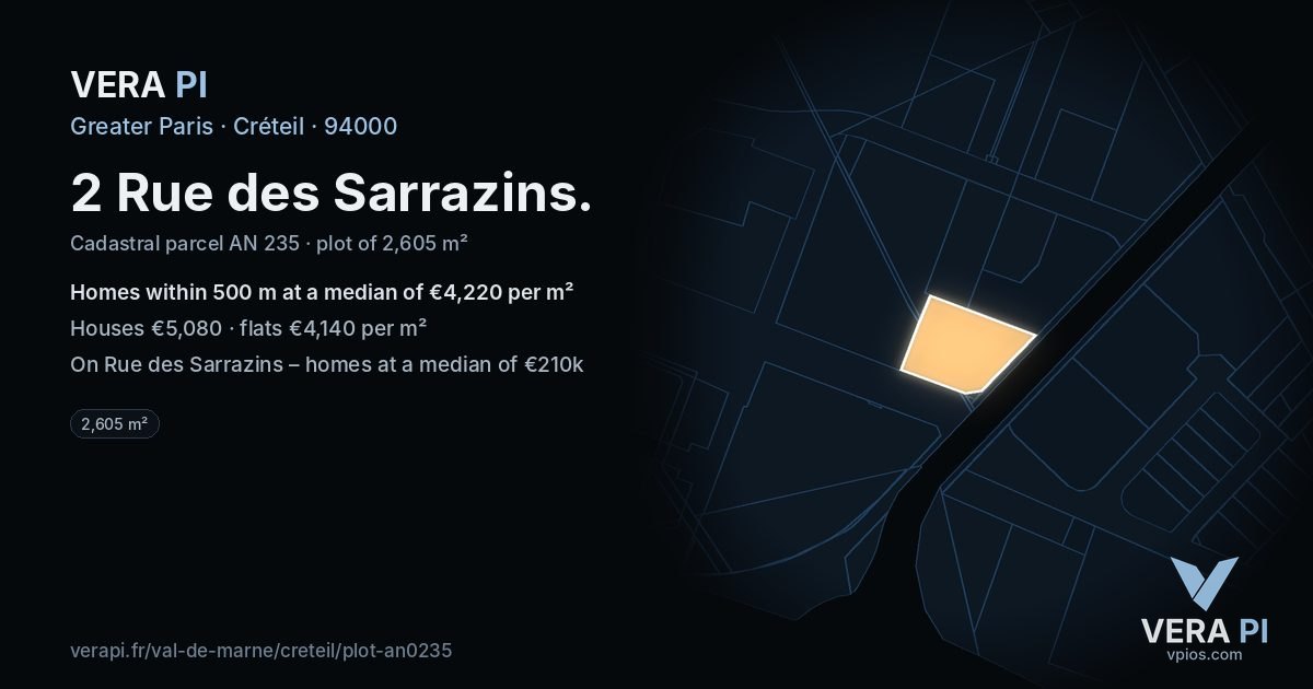 2 Rue des Sarrazins, Créteil at night – the plot lit, the parcels around coloured by the prices near them