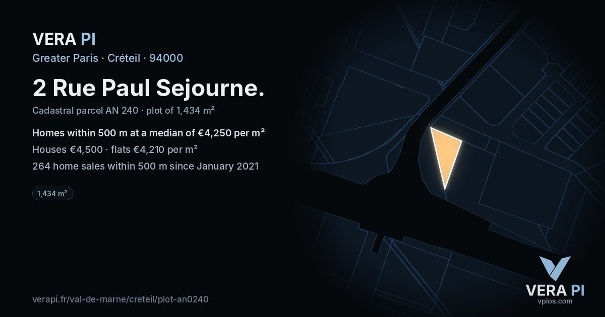 2 Rue Paul Sejourne, Créteil at night – the plot lit, the parcels around coloured by the prices near them