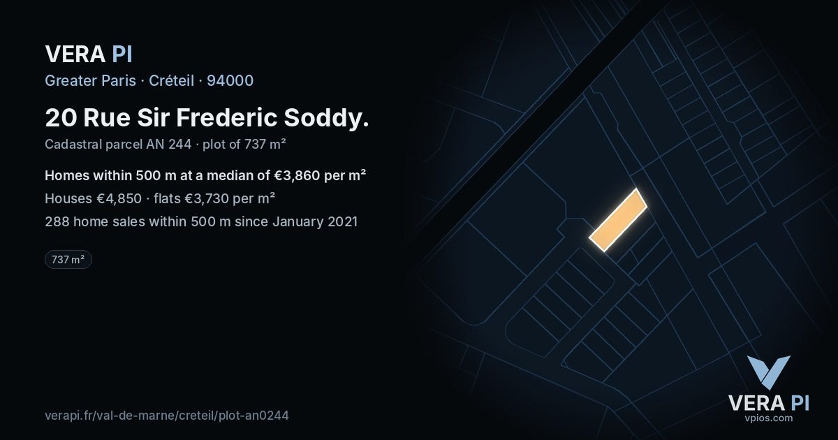 20 Rue Sir Frederic Soddy, Créteil at night – the plot lit, the parcels around coloured by the prices near them