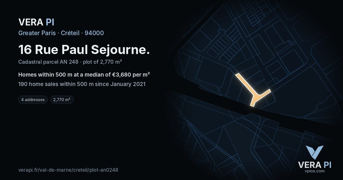 16 Rue Paul Sejourne, Créteil at night – the plot lit, the parcels around coloured by the prices near them