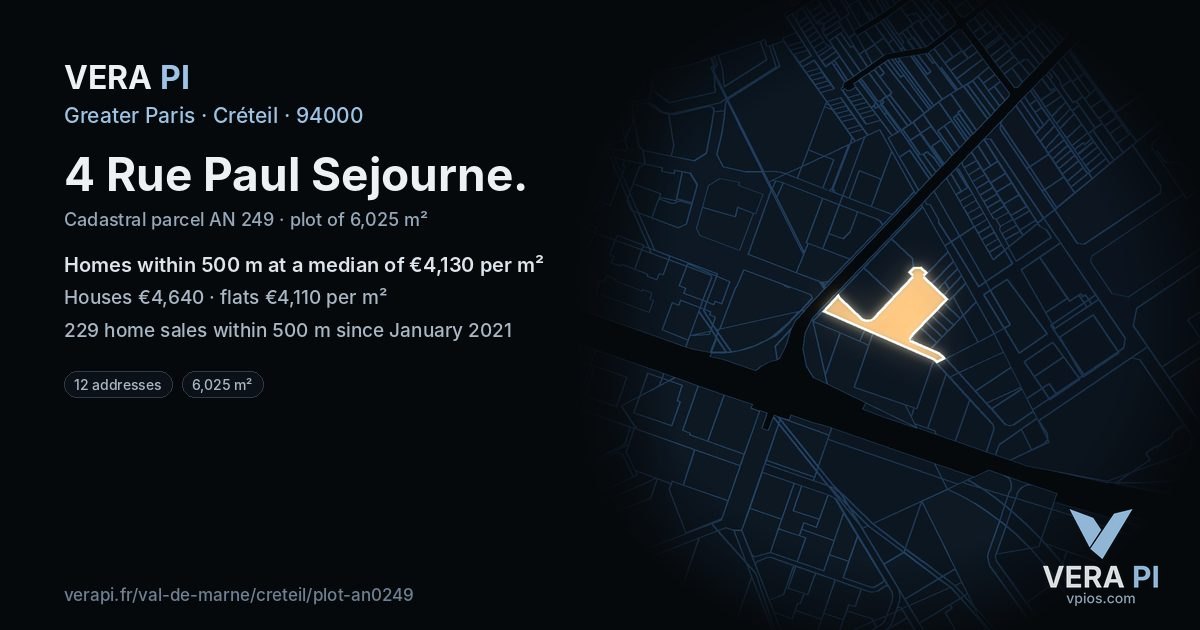 4 Rue Paul Sejourne, Créteil at night – the plot lit, the parcels around coloured by the prices near them