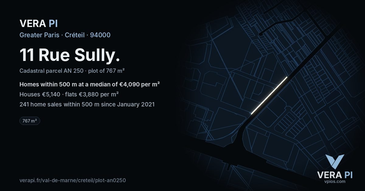 11 Rue Sully, Créteil at night – the plot lit, the parcels around coloured by the prices near them