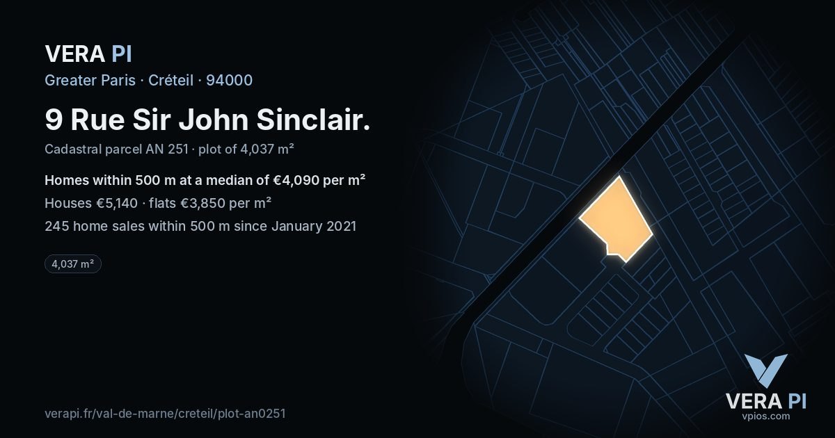 9 Rue Sir John Sinclair, Créteil at night – the plot lit, the parcels around coloured by the prices near them