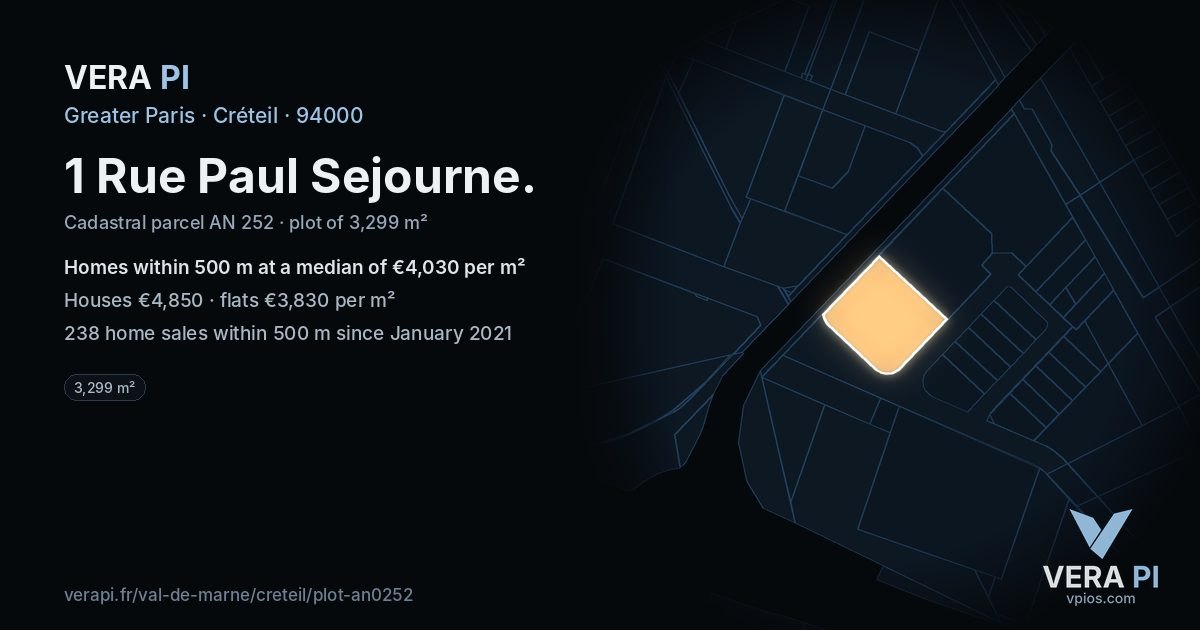 1 Rue Paul Sejourne, Créteil at night – the plot lit, the parcels around coloured by the prices near them