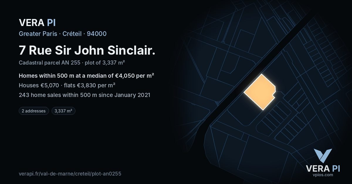 7 Rue Sir John Sinclair, Créteil at night – the plot lit, the parcels around coloured by the prices near them
