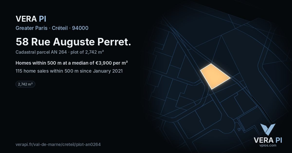 58 Rue Auguste Perret, Créteil at night – the plot lit, the parcels around coloured by the prices near them