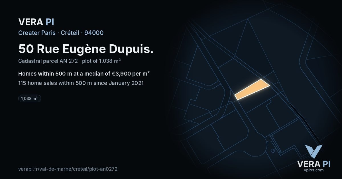 50 Rue Eugène Dupuis, Créteil at night – the plot lit, the parcels around coloured by the prices near them