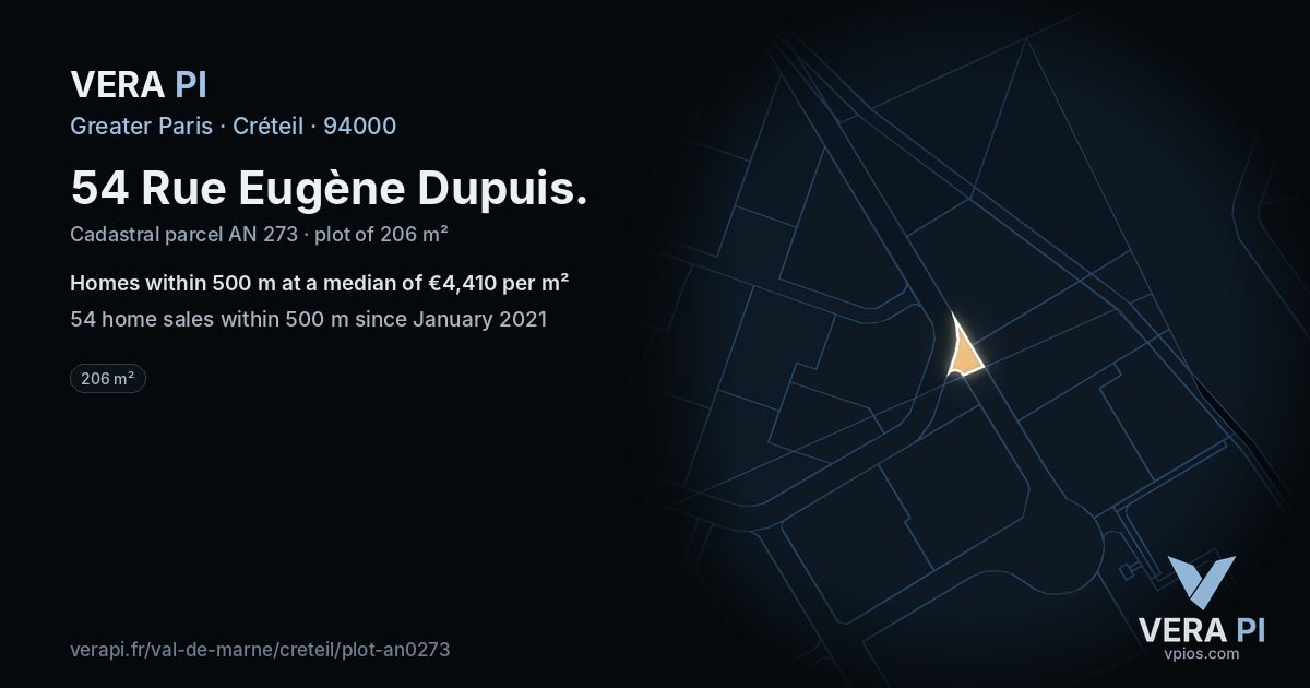 54 Rue Eugène Dupuis, Créteil at night – the plot lit, the parcels around coloured by the prices near them