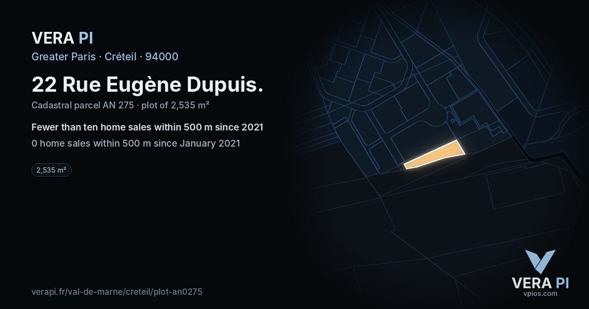 22 Rue Eugène Dupuis, Créteil at night – the plot lit, the parcels around coloured by the prices near them