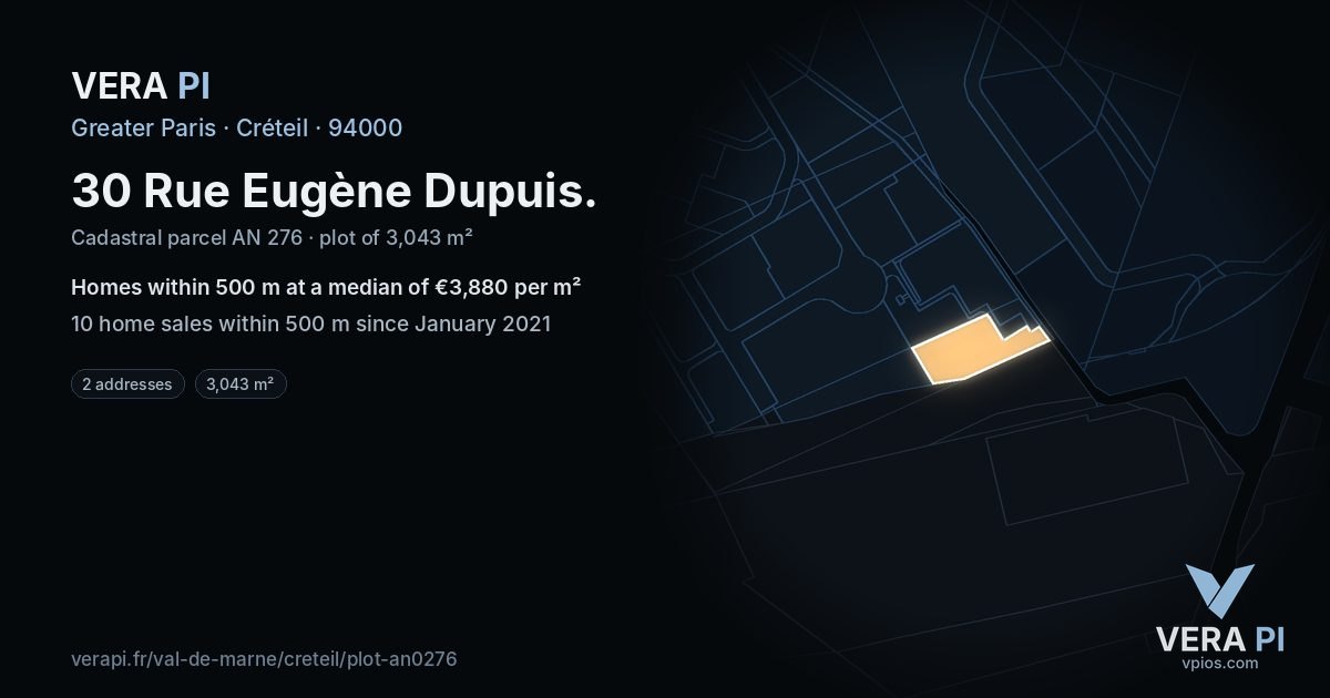 30 Rue Eugène Dupuis, Créteil at night – the plot lit, the parcels around coloured by the prices near them