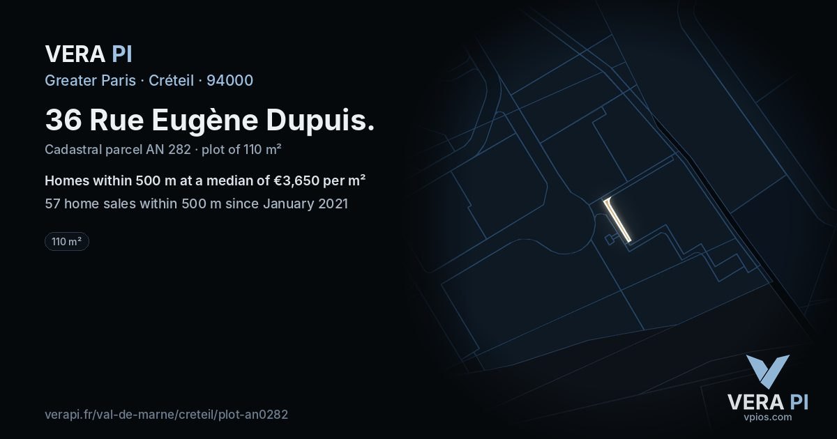 36 Rue Eugène Dupuis, Créteil at night – the plot lit, the parcels around coloured by the prices near them