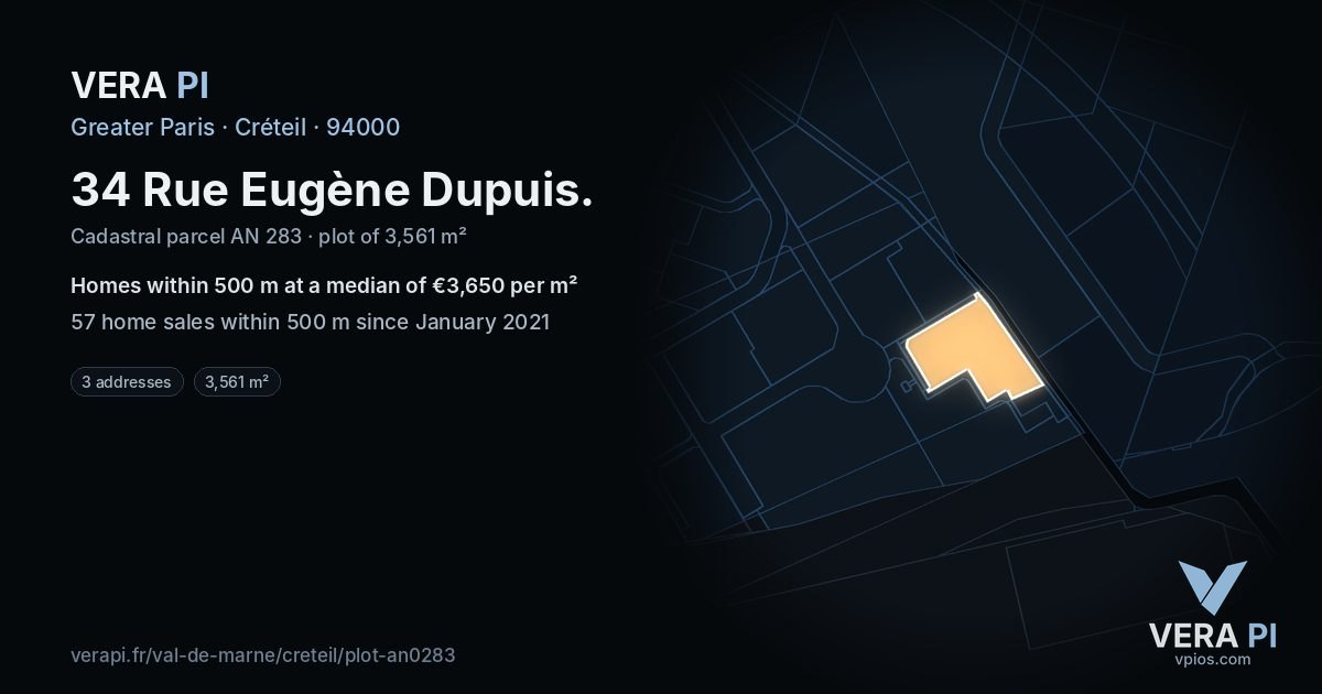 34 Rue Eugène Dupuis, Créteil at night – the plot lit, the parcels around coloured by the prices near them
