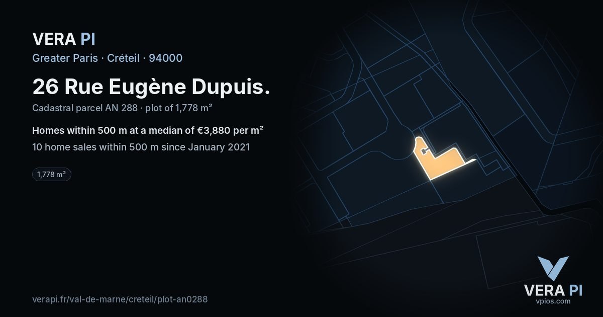 26 Rue Eugène Dupuis, Créteil at night – the plot lit, the parcels around coloured by the prices near them