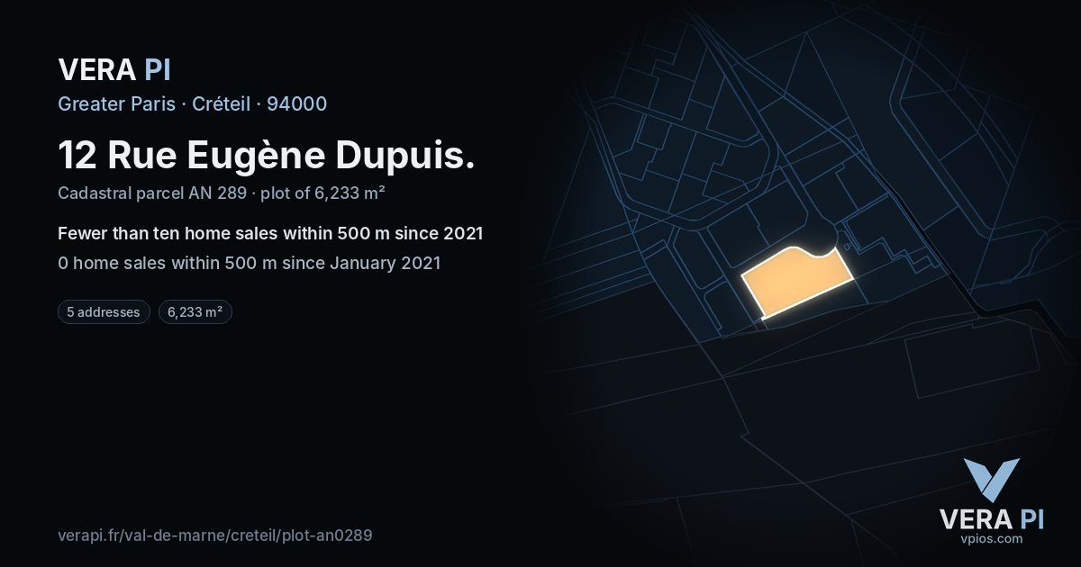 12 Rue Eugène Dupuis, Créteil at night – the plot lit, the parcels around coloured by the prices near them