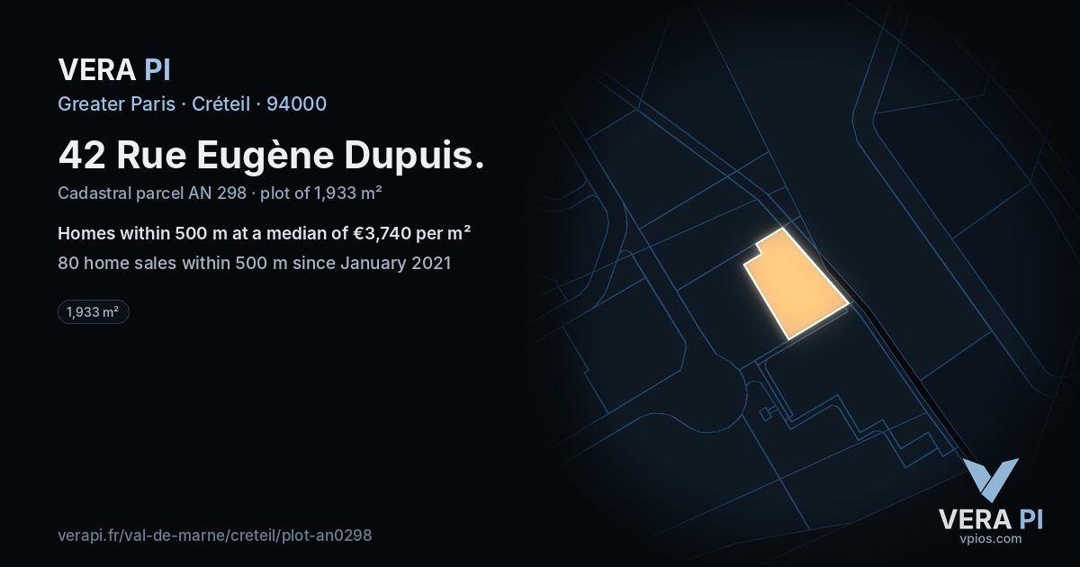 42 Rue Eugène Dupuis, Créteil at night – the plot lit, the parcels around coloured by the prices near them