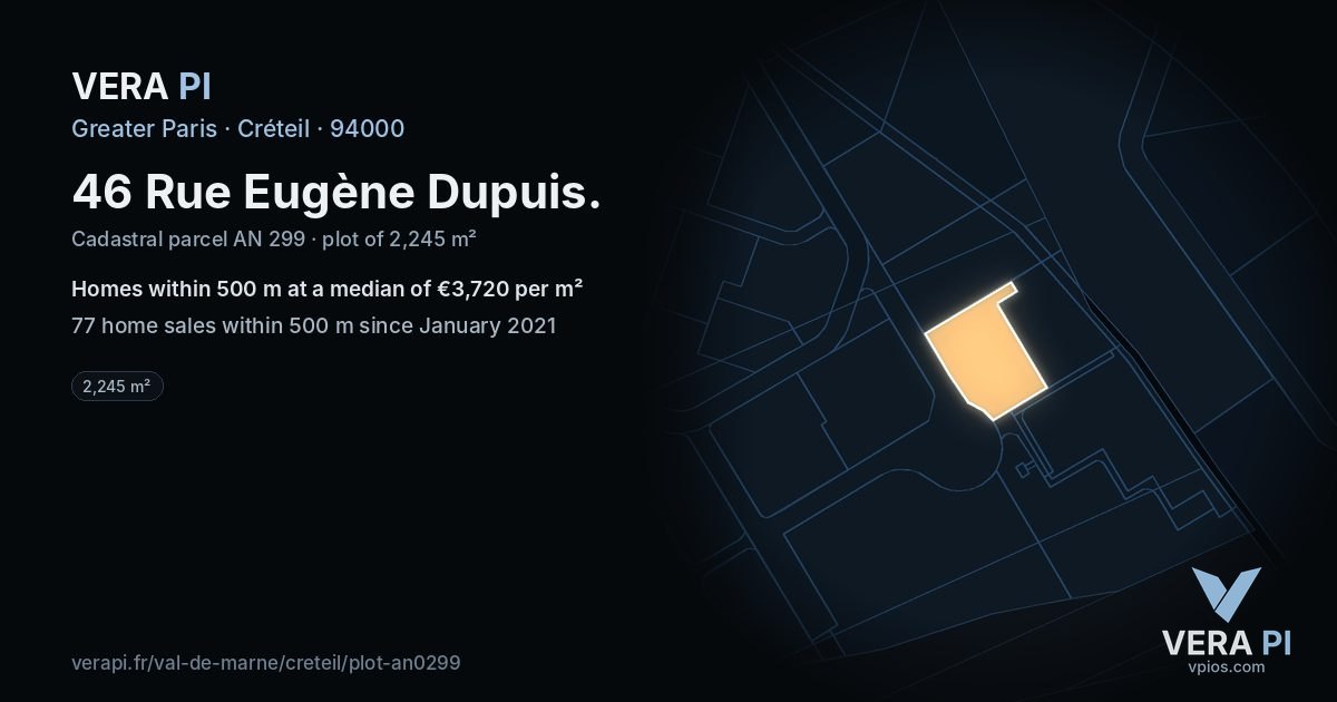 46 Rue Eugène Dupuis, Créteil at night – the plot lit, the parcels around coloured by the prices near them