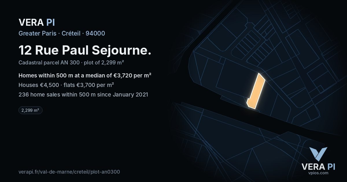 12 Rue Paul Sejourne, Créteil at night – the plot lit, the parcels around coloured by the prices near them