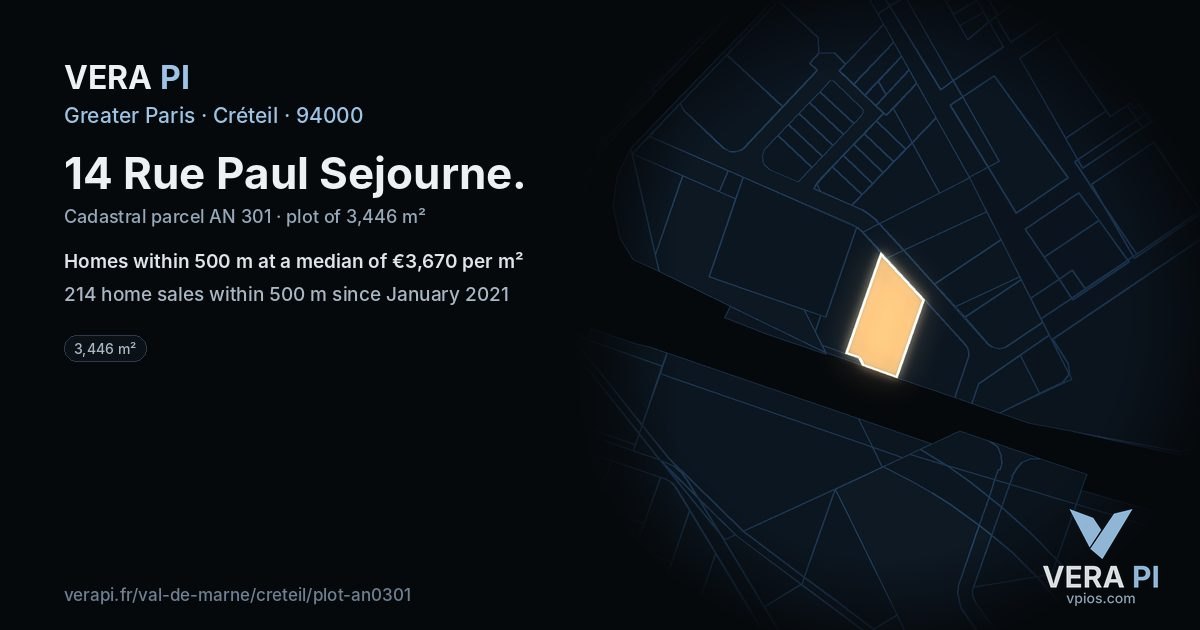 14 Rue Paul Sejourne, Créteil at night – the plot lit, the parcels around coloured by the prices near them