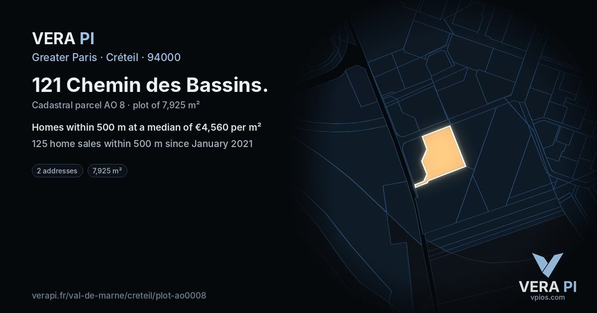 121 Chemin des Bassins, Créteil at night – the plot lit, the parcels around coloured by the prices near them