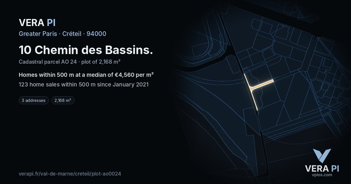 10 Chemin des Bassins, Créteil at night – the plot lit, the parcels around coloured by the prices near them