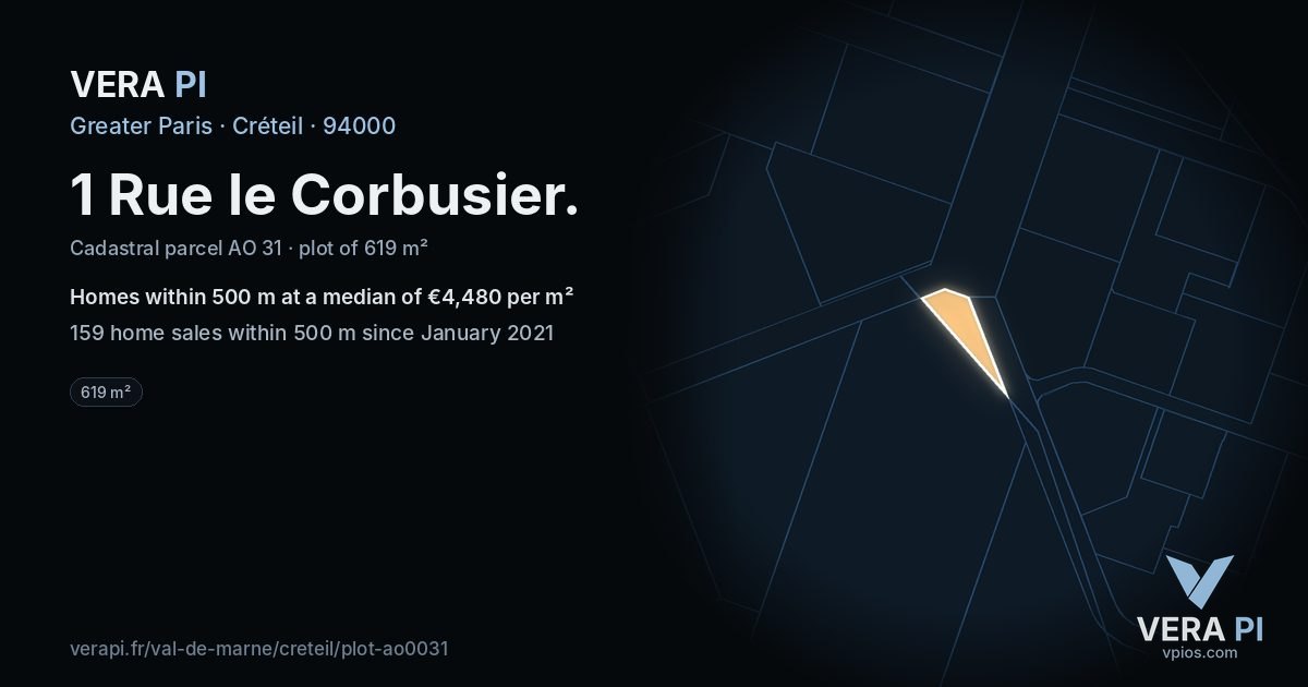 1 Rue le Corbusier, Créteil at night – the plot lit, the parcels around coloured by the prices near them