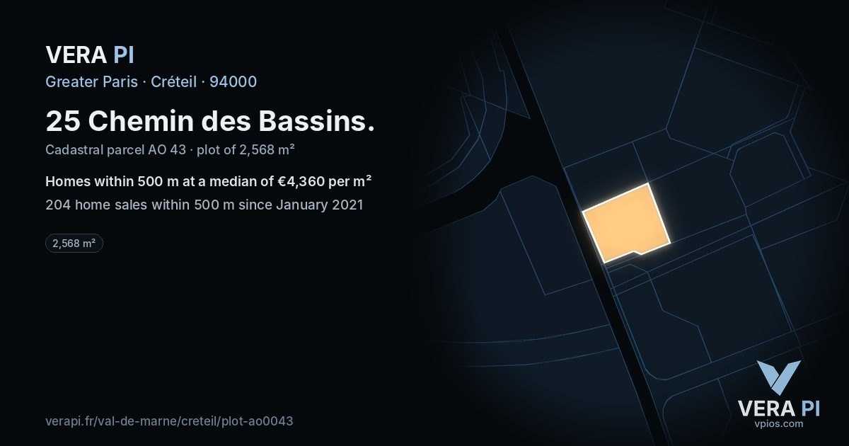 25 Chemin des Bassins, Créteil at night – the plot lit, the parcels around coloured by the prices near them