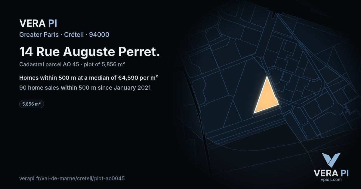 14 Rue Auguste Perret, Créteil at night – the plot lit, the parcels around coloured by the prices near them