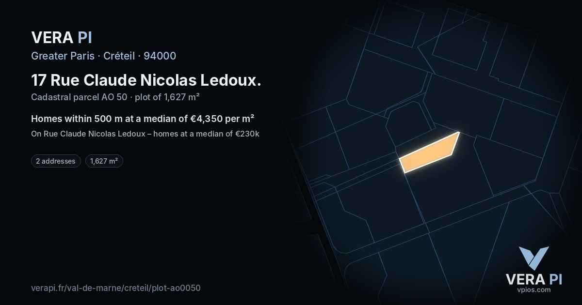 17 Rue Claude Nicolas Ledoux, Créteil at night – the plot lit, the parcels around coloured by the prices near them