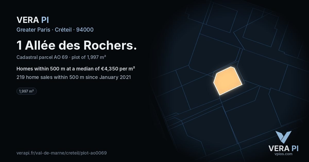 1 Allée des Rochers, Créteil at night – the plot lit, the parcels around coloured by the prices near them